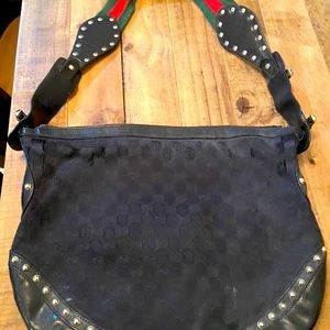Chain Horsebit Studded Black Canvas & Leather Bag